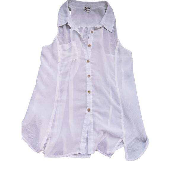 Free People White Sheer Sleeveless Button Down Collar Top Medium Light Academia - Picture 2 of 5